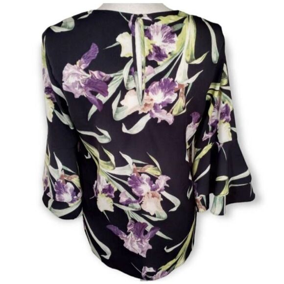 CAROLINA BELLE BLACK AND PURPLE IRIS PRINT BLOUSE SZ.S EUC. - Picture 3 of 5